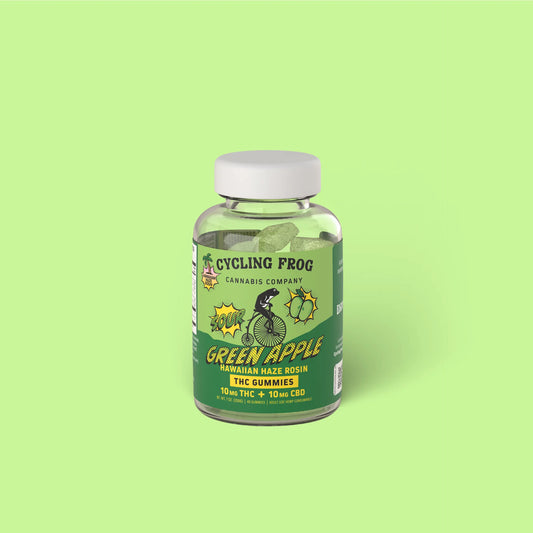 Cycling Frog Cannabis Company: Super Sour Green Apple x Hawaiian Haze Rosin Gummies, 10mg THC + 10mg CBD (Coming Soon…)