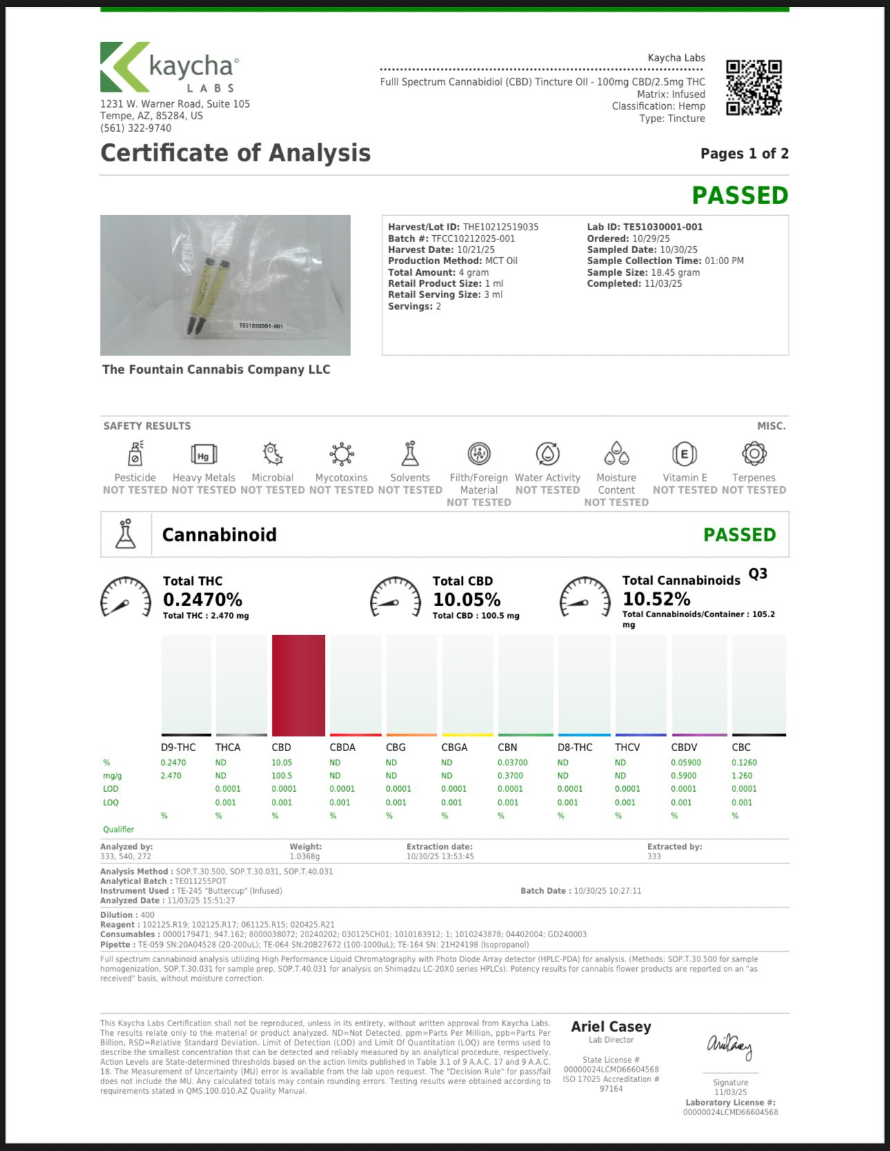 TFCC- Full Spectrum 40:1 Cannabidiol (CBD) Dominant Tincture Oil (Cherry flavored): 100mg CBD/2.5mg THC per ML— 15ML & 30ML Bottles