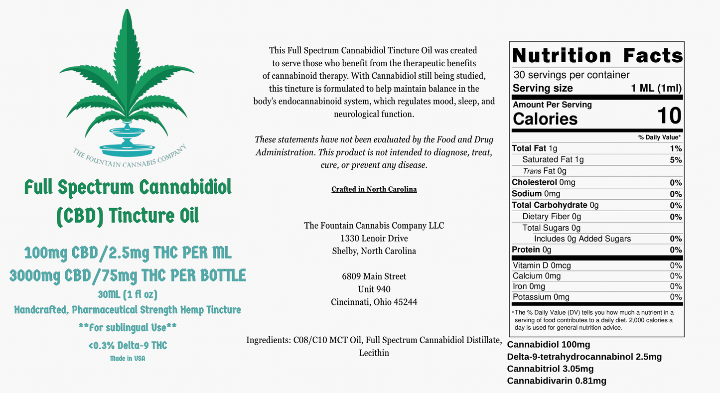 TFCC- Full Spectrum 40:1 Cannabidiol (CBD) Dominant Tincture Oil (Cherry flavored): 100mg CBD/2.5mg THC per ML— 15ML & 30ML Bottles