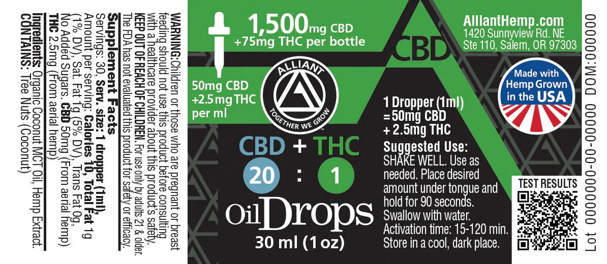 Alliant- 20:1 CBD:THC Tincture, 1500mg CBD/75mg THC, 30ML