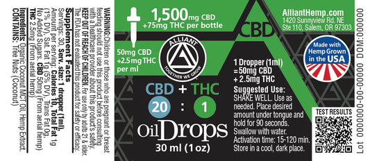 Alliant- 20:1 CBD:THC Tincture, 1500mg CBD/75mg THC, 30ML