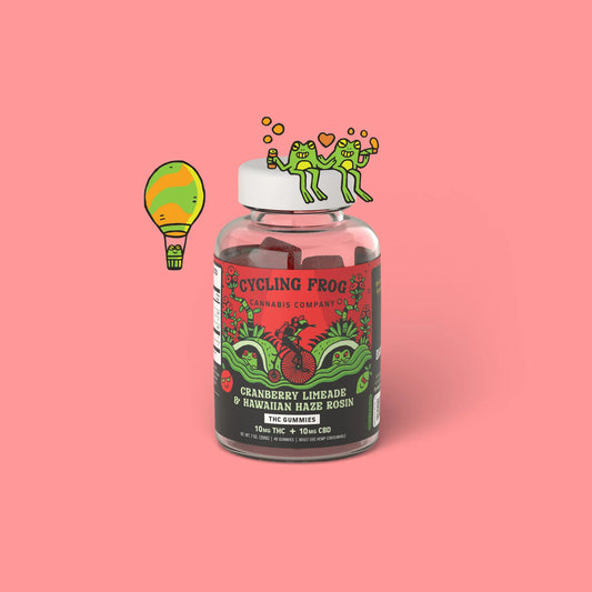 Cycling Frog Cannabis Company: Cranberry Limeade + Hawaiian Haze Rosin Gummies, 10mg THC + 10mg CBD (Coming Soon…)