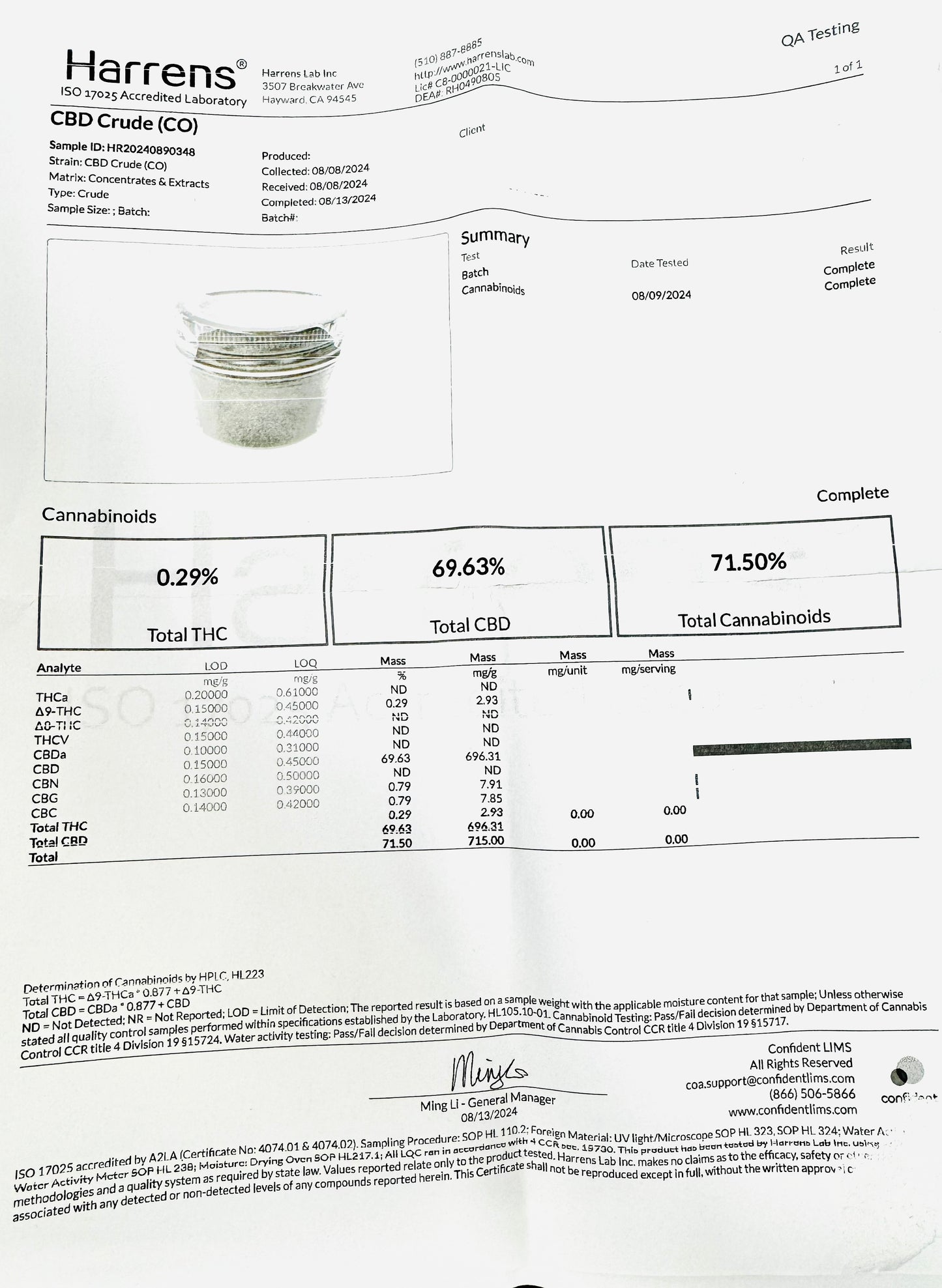 TFCC— Cannabidiol (CBD) FECO/RSO Oil, 69.63% Total CBD, 71.50% Total Cannabinoids