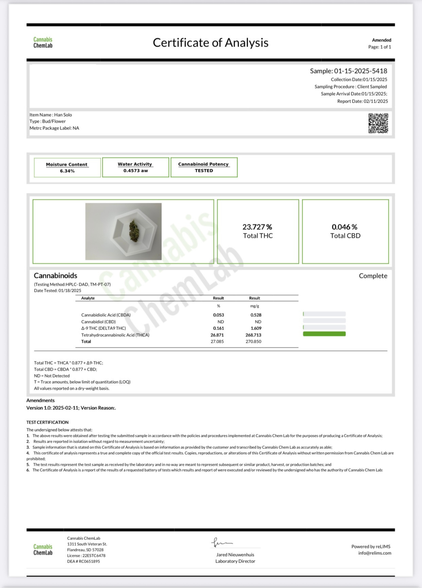 Han Solo [Living Soil] (Indica), 26.871% THCa (<0.3% Delta-9 THC)