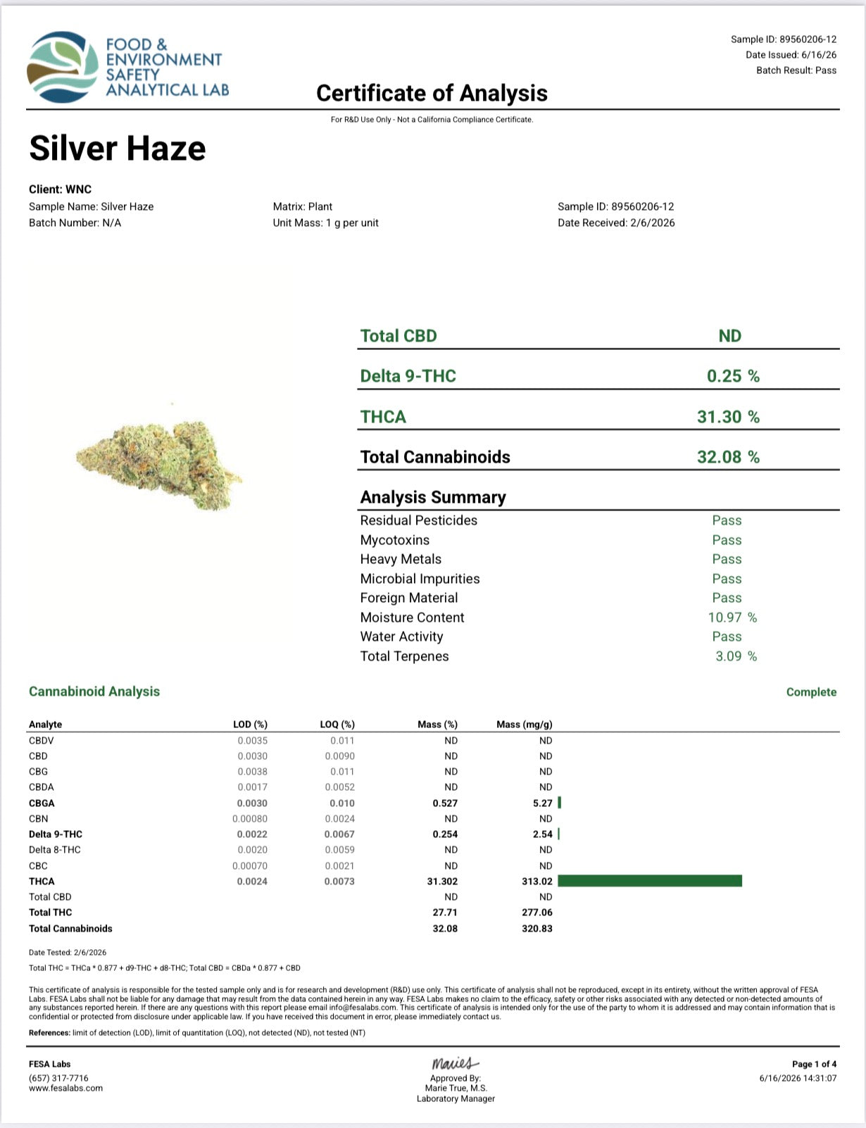 Silver Haze (Sativa) (Type 1), 31.302% THCa, 3.090% Terpenes (<0.3% Delta-9 THC) (Coming soon…)