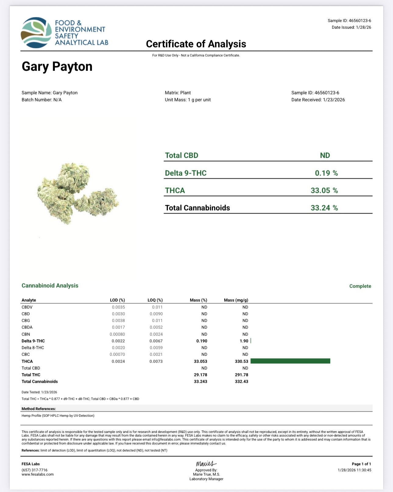 Gary Payton (Hybrid) (Type 1), 33.05% THCa, (<0.3% Delta-9 THC)