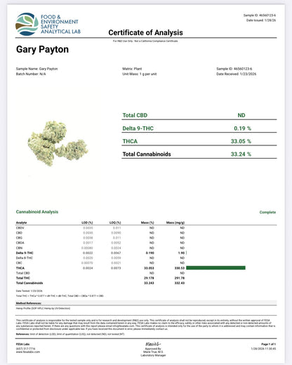 Gary Payton (Hybrid) (Type 1), 33.05% THCa, (<0.3% Delta-9 THC)