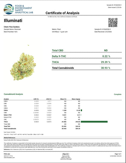 Illuminati [Smalls] (Indica) (Type 1 strain), 29.39% THCa, 1.328% CBGa (<0.3% Delta-9 THC) (Coming soon…)