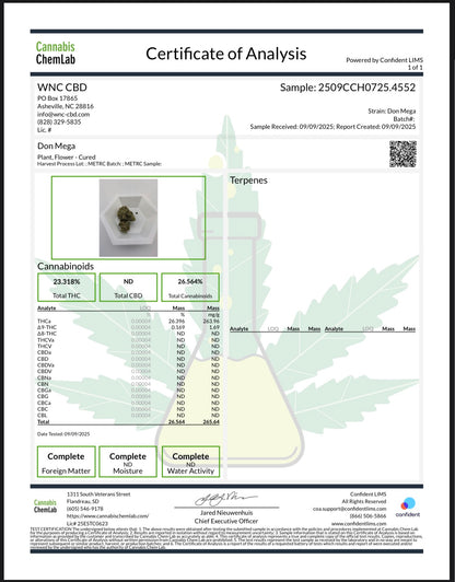 Don Mega [smalls] (Hybrid), 26.396% THCa, (<0.3% Delta-9 THC) (Coming soon…)