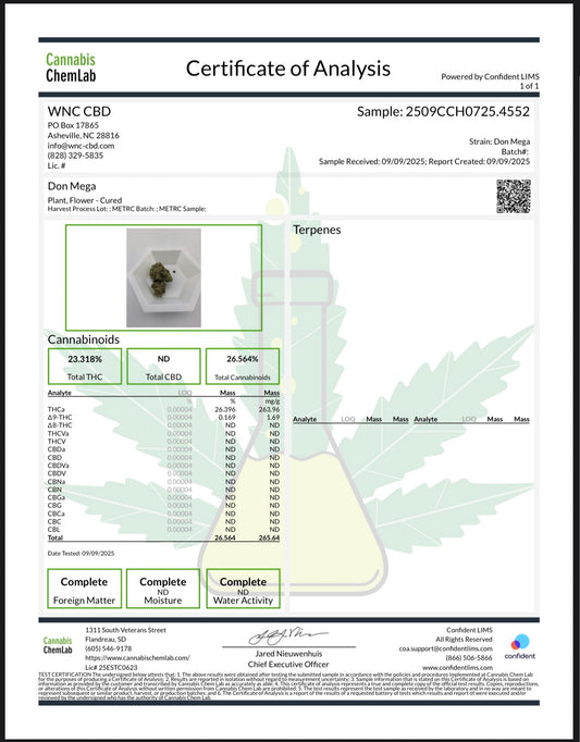 Don Mega [smalls] (Hybrid), 26.396% THCa, (<0.3% Delta-9 THC) (Coming soon…)