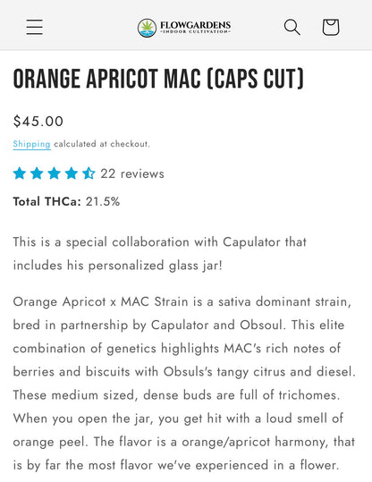 Orange Apricot MAC [Exotic] (Sativa), 14.76%-21.50% THCa, (<0.3 Delta-9 THC)