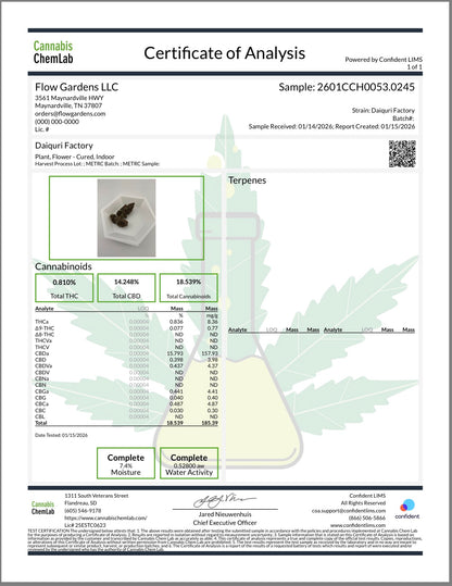 Daiquiri Factory (Type 3), 14.248% Total CBD/0.836% THCa (<0.3% Delta-9 THC) (Coming soon…)