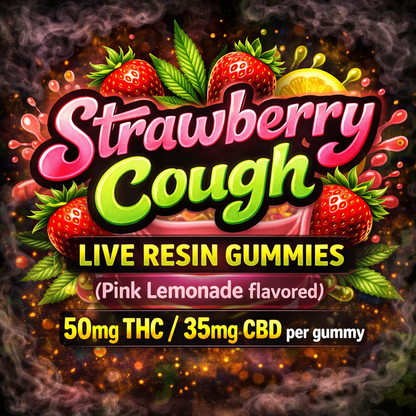 TFCC “Strawberry Cough” Live Resin Gummies (Pink Lemonade flavored)— 50mg THC/35mg CBD each (<0.3% Delta-9 THC)