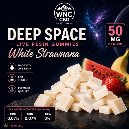 WNC-CBD- Deep Space Live Resin Gummies, 50mg THC, White Strawnana (Coming soon…)